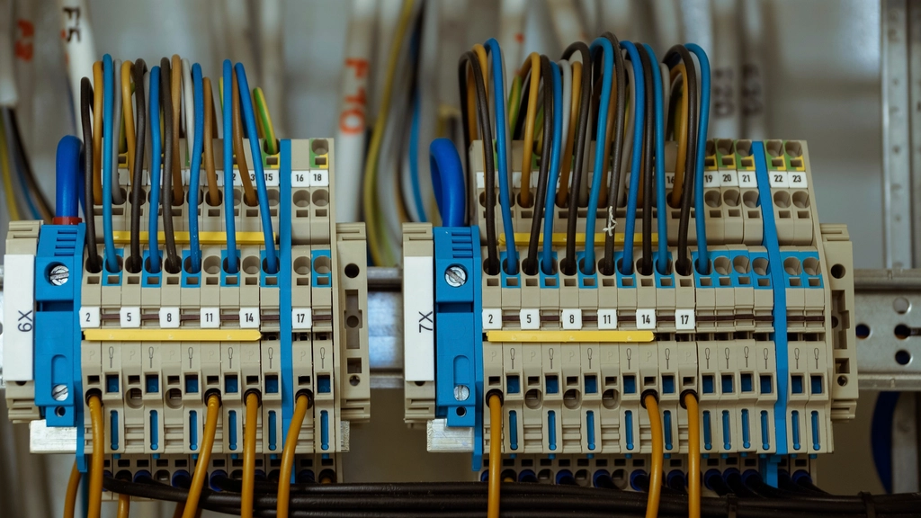 Close-up of terminal block wiring inside an electrical protection and control panel